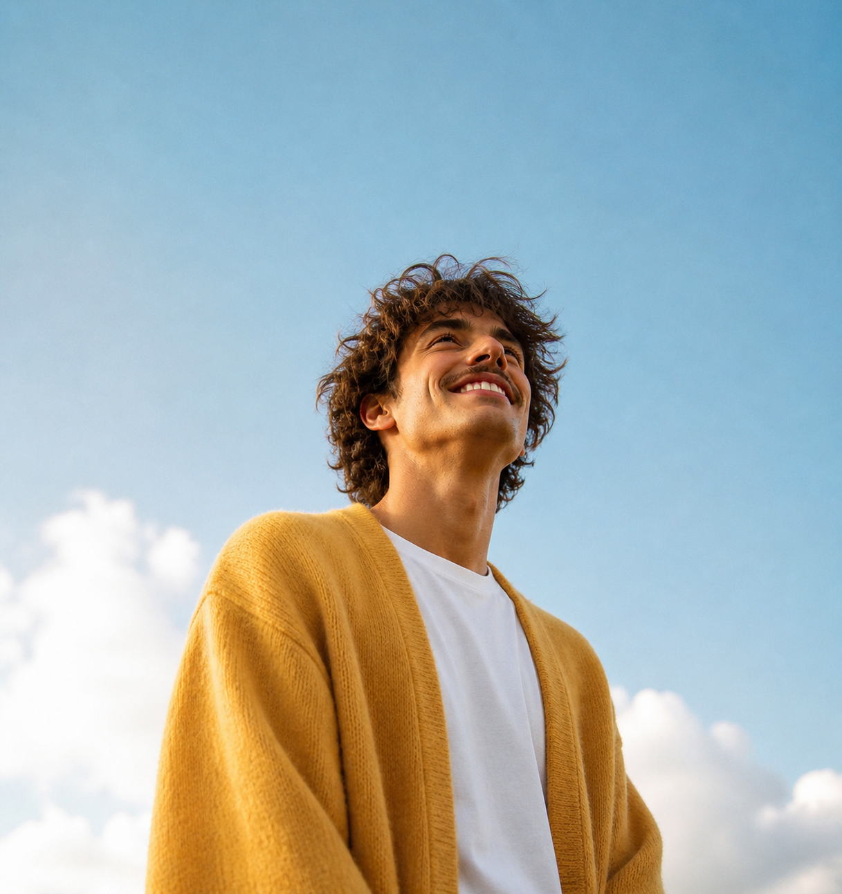 Smiling freelancer in a yellow cardigan against a sunny sky
